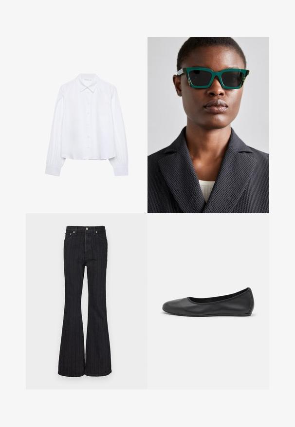 Bílá košile s dlouhým rukávem a knoflíkovým zapínáním, s špičatým límcem a nařasenými manžetami, vystavená na jednobarevném bílém pozadí.; Černé džínové kalhoty s rozšířenými nohavicemi, vertikálními bílými pruhy, pěti kapsami, vysokým pasem a kovovým zapínáním.; Černé kožené baletní byty s kulatou špičkou, hladkou texturou, minimálními švy a flexibilním designem podrážky.; Zelené sluneční brýle se vzorem a geometrickým rámečkem; tmavé čočky; model má na sobě texturovanou černou sako přes světlý top.; Černá syntetická taška přes rameno s zakřivenou siluetou, strukturovaným povrchem, zlatým trojúhelníkovým logem a odnímatelnými kovovými akcenty.