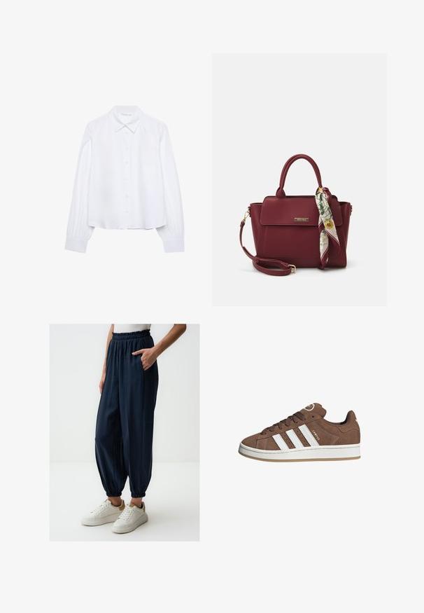 Camicia bianca a maniche lunghe con colletto a punta e polsini arricciati, mostrata su uno sfondo bianco semplice.; Pantaloni leggeri a vita alta di colore blu navy, con orlo affusolato e polsini alla caviglia, dotati di tasche laterali. Indossati con sneakers bianche.; Sneakers in suede marrone con strisce in pelle bianca, suola in gomma, punta rotonda e lacci. Presentano un logo sulla linguetta e dettagli perforati.; Borsa borgogna realizzata in materiale sintetico con un design strutturato, dotata di tracolla removibile e un foulard a motivi floreali legato al manico.