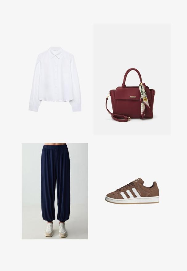 Biała koszula z długim rękawem, zapinana na guziki, z zaostrzonym kołnierzykiem i marszczonymi mankietami, wyeksponowana na jasnym białym tle.; Granatowe spodnie o elastycznym pasie, luźnym, zwężającym się kroju i ściągaczach na kostkach, w połączeniu z białymi butami sportowymi. Gładka faktura materiału.; Brązowe zamszowe sneakersy z białymi skórzanymi paskami, gumową podeszwą, zaokrąglonym noskiem i sznurowanym przodem. Posiadają logo na języku i perforowane akcenty.; Burgundowa torebka wykonana z materiału syntetycznego, o strukturalnym designie, z odpinanym paskiem i chustą w kwiatowy wzór związaną na uchwycie.