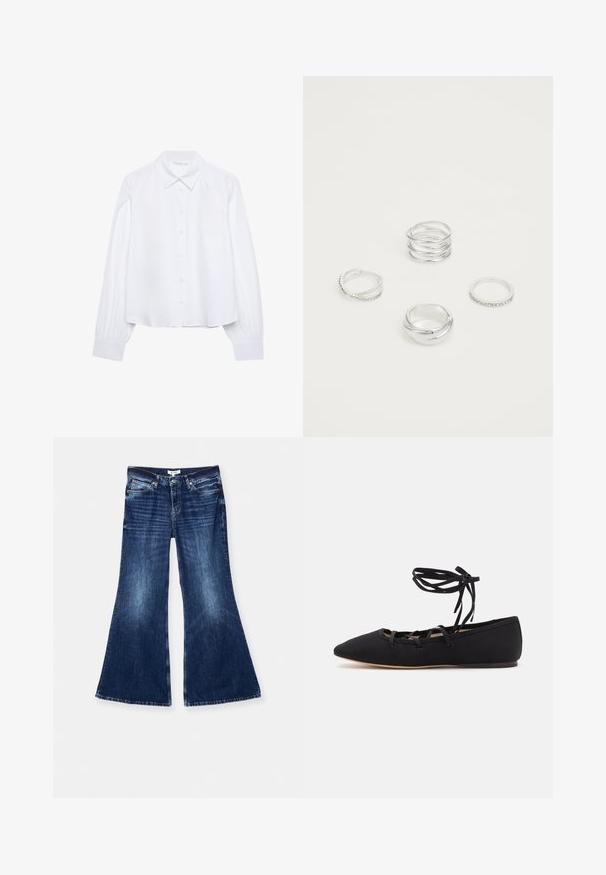 Biela dlhá košeľa s gombíkmi a špicatým golierom, s naberanými manžetami, vystavená na jednoduchej bielej ploche.; RE/DONE BAGGY FLARE - Zvonové džínsy - monterey fade; Loeffler Randall LOUISA LACE UP BALLET FLAT - Balerínky s remienkom okolo členku - black; Štyri strieborné prstene s rôznymi vzormi: skrútený pás, vrstvené krivky, jemné kryštály a hladký pás s malými akcentmi.