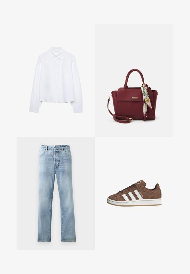 Bijela košulja dugih rukava s gumbima i oštrim kragnom, prikazana na jednobojnoj bijeloj pozadini.; Svijetloplave traperice s ravnim nogavicama, dizajnom s pet džepova i vidljivim šavovima. Imaju zakopčavanje dugmetom u struku.; Smeđe nubuk tenisice s bijelim kožnim prugama, gumeni potplat, okrugli nos i vezanje sprijeda. Imaju logo na jeziku i perforirane detalje.; Bordo torbica napravljena od sintetičkog materijala sa strukturiranim dizajnom, koja ima odvojivi remen i cvjetni šal vezan za ručku.