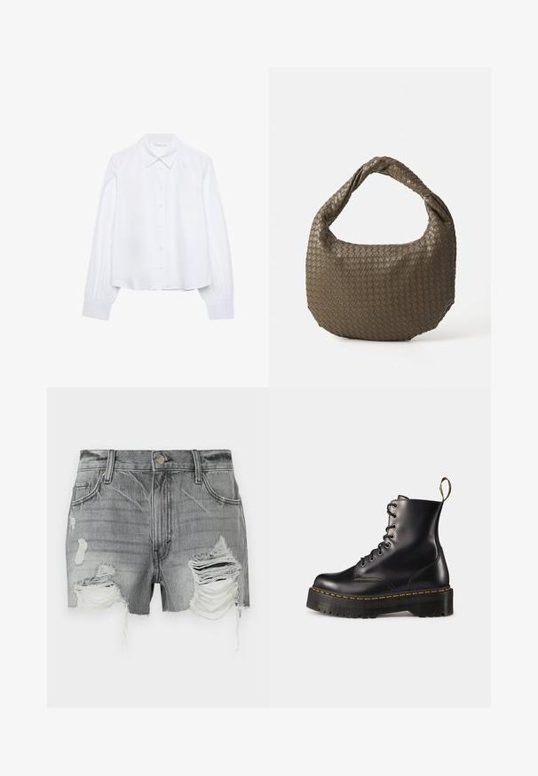 Bílá košile s dlouhým rukávem a knoflíkovým zapínáním, s špičatým límcem a nařasenými manžetami, vystavená na jednobarevném bílém pozadí.; Šedé denimové šortky s třepenými lemy a několika zdrsněnými oblastmi, s knoflíkovým zapínáním a dvěma předními kapsami.; Černé kožené kotníkové boty na šněrování s mohutnou černou podrážkou a žlutým prošíváním. Mají poutko na zadní straně a kulaté kovové očko.; Tkaná olivově zelená kabelka zaobleného tvaru s propleteným držadlem. Texturovaný povrch má diagonální vzor. Zapínání na zip.