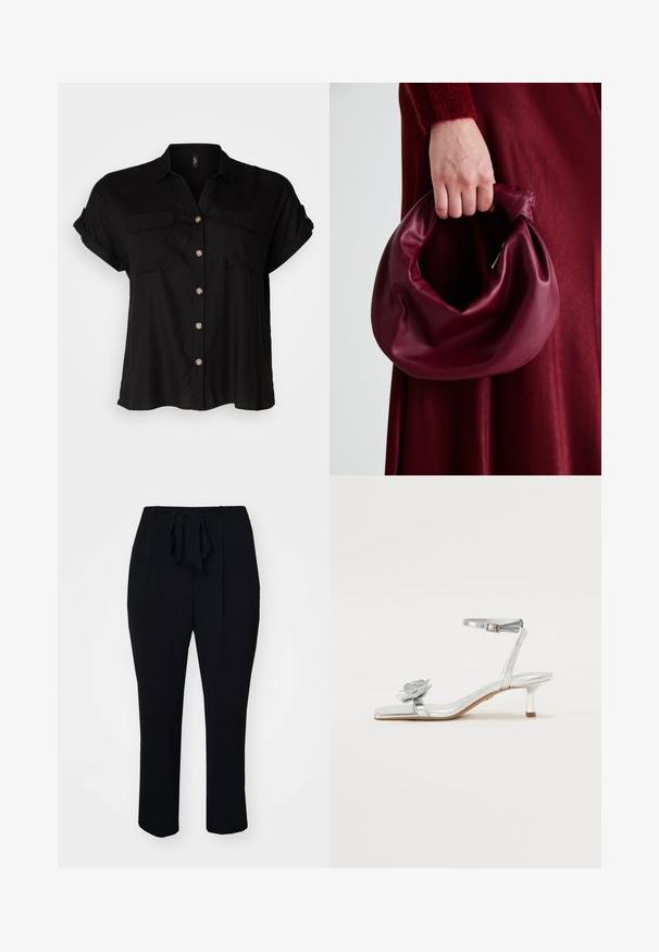 Black short-sleeve button-up shirt with two chest pockets, soft fabric, rounded hem, and gold-tone buttons. Classic loose-fit design.; Black trousers made of a soft fabric, featuring a matching tie belt, pleats at the front, and a straight-leg design.; Silver metallic sandal with a low heel, ankle strap, and floral accent on the toe strap; smooth texture and sleek design enhance its appearance.; Burgundy leather handbag with a soft, gathered design and a rounded shape. The handle is secured, showcasing a smooth texture.