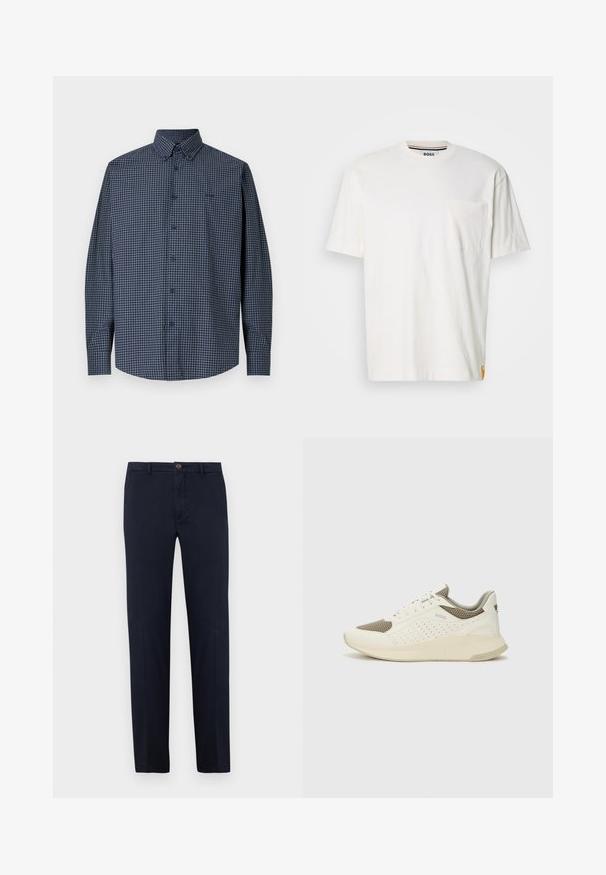 Tamnoplava košulja dugih rukava s gumbima, bijelim uzorkom u obliku mreže i oštrim ovratnikom, prikazana na jednostavnoj bijeloj pozadini.; Bijela pamučna majica s okruglim izrezom, kratkim rukavima i džepom na lijevoj strani prsnog koša. Sadrži malu oznaku s logotipom na bočnom šavu.; Pamuk hlače tamnoplave boje mornarskog stila s ravnim nogavicama, prednjim zatvaračem i kopčanjem na jedan gumb. Glatka tekstura bez vidljivih uzoraka.; Bijele i svijetlosmeđe sportske tenisice, sa mrežastim gornjim dijelom, perforiranim detaljima i teksturiranim međutrakom sa brendom na peti.