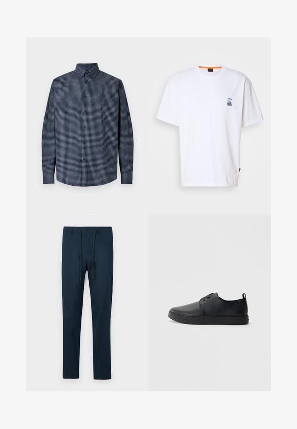 Tmavě modrá košile s dlouhými rukávy, zapínáním na knoflíky, bílým mřížkovým vzorem a špičatým límečkem, zobrazena na jednobarevném bílém pozadí.; Bílý bavlněný tričko s malým modrým logem a grafickým designem na levé hrudi; volný střih s klasickým kulatým výstřihem.; Námořnické modré kalhoty vyrobené z lehkého materiálu, s knoflíkovým zapínáním a nastavitelnou šňůrkou, v úzkém a tapered střihu.; Černé kožené tenisky s hladkým povrchem, zaoblenou špičkou, tónovým prošíváním, šněrovacím uzávěrem a plochou gumovou podrážkou. Očko na patě.