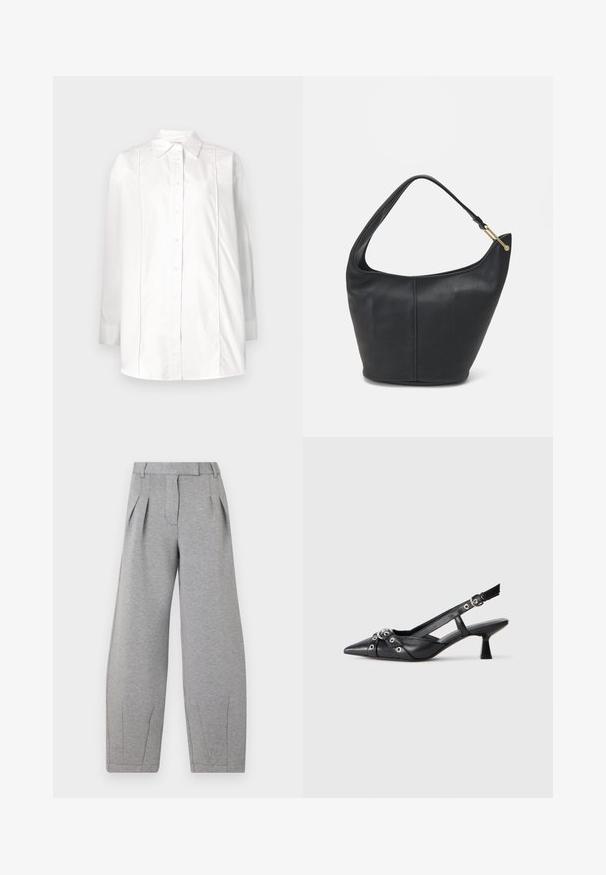 Weißes Langarmhemd aus Baumwolle mit klassischem Kragen, Knopfverschluss vorne und vertikalen Paspelierungen im Oberteil.; Graue, weit geschnittene Hose aus weichem Stoff, mit Falten an der Vorderseite, flachem Taillenbund und geraden Nähten entlang der Beine.; Schwarzer Leder-Slingback-Schuh mit spitz zulaufender Zehenpartie, dekorativen Riemen mit METALLÖSEN und niedrigem Blockabsatz. Strukturelle Oberfläche.; Schwarze Lederhandtasche mit abgerundeter Form, breitem Tragegurt und strukturiertem Finish. Besitzt eine subtile Nahtdetails und einen Akzent aus goldfarbenem Metall.
