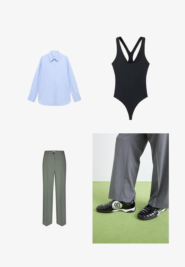 Svijetloplavi košulja dugih rukava s okovratnikom na dugmad, jednim džepom na prsima i opuštenim krojem. Glatka tekstura tkanine i klasičan dizajn.; Crni jednodijelni kupaći kostim s dubokim V-izrezom i prekrivenim trakama na leđima. Izrađen od glatkog materijala s elegantnim, uskim dizajnom.; Prilagođene zelene hlače od glatkog materijala, s ravnim nogavicama, prednjim plisama i jednim gumbom za zatvaranje.; Crne patike od patentirane kože s srebrnim detaljem "90", koje imaju teksturiranu površinu i vezivanje na vezice, u kombinaciji sa širokim sivoj hlačama.