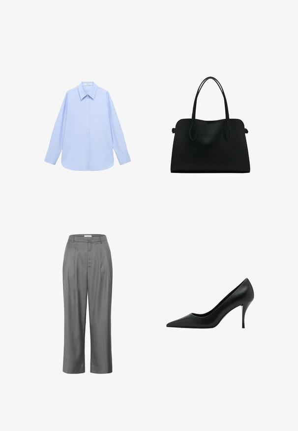 Svetlo modra srajca z dolgimi rokavi, s ovratnikom na gumb in enim žepom na prsih, ter sproščenim krojem. Gladka tekstura materiala in klasičen dizajn.; Sive hlače s krojem naravnost, ki imajo nabran sprednji del, gladko teksturo tkanine in klasično zasnovo pasu.; Črne usnjene visokodebelne čevlje z ostrim nosom, gladko teksturo in vitkim stiletto peto, ki se ponaša z minimalističnim dizajnom.; Črna usnjena torbica z dvema naramnima trakoma, pravokotne oblike in minimalističnim dizajnom na beli podlagi.
