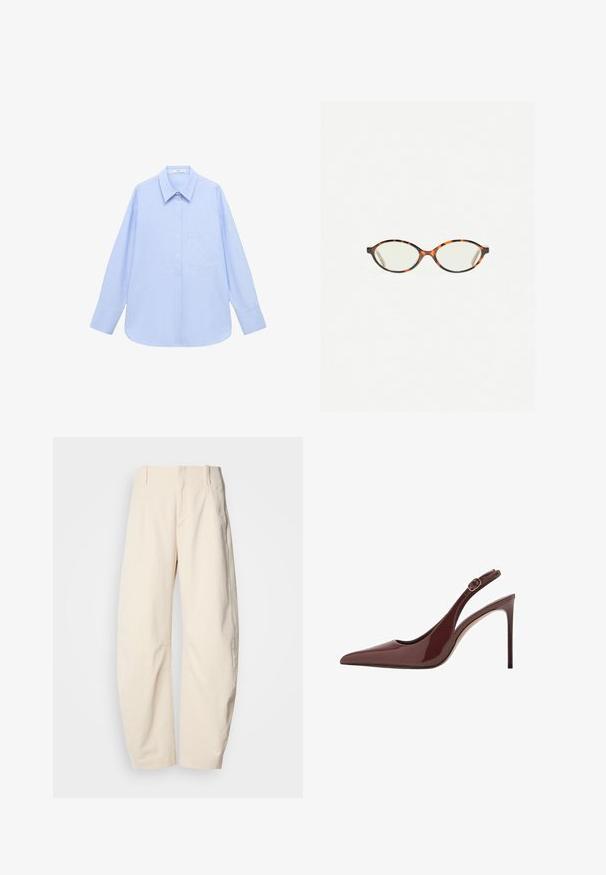 Jasnoniebieska koszula z długim rękawem, z kołnierzykiem zapinanym na guziki, pojedynczą kieszenią na piersi oraz w luźnym kroju. Gładka faktura tkaniny i klasyczny design.; Kremowe spodnie wykonane z teksturowanego materiału, z wysokim stanem, prostymi nogawkami i bocznymi kieszeniami.; Ciemnobrązowe lakierowane skórzane czółenka na wysokim obcasie z zasuwanym paskiem na kostce oraz smukłym obcasem typu stiletto.; Okulary w kolorze tortoiseshell z owalnymi soczewkami i gładkim, eleganckim wykończeniem. Posiadają cienkie boki z delikatnym łukiem w okolicy skroni. Przezroczyste soczewki.; Czarna skórzana torba na ramię z podwójnymi paskami, prostokątny kształt i minimalistyczny design na białym tle.