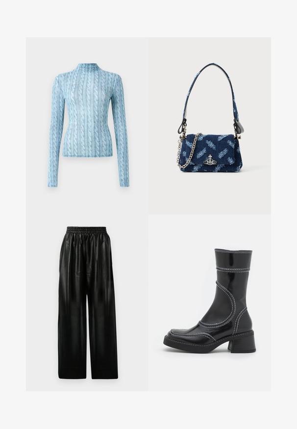 Gaiši zils adīts džemperis ar garām piedurknēm, ar augstu apkakli, pieguļošs modelis un vertikāls teksturēts raksts.; Melna ādas plata kāju bikses ar elastīgu jostu, ar divām sānu kabatām un gludu, spīdīgu tekstūru.; Melna lakota ādas anklets ar baltiem šuvumiem, noapaļota purngala un kvadrāta papēža. Iezīmes izliekti dizaina līnijas un gluda struktūra.; Tumši zils auduma rokassomiņa ar struktūrētu dizainu, sudraba detaļām un noņemamu ķēdes siksnu. Ietver salocītu aizdari un logotipa akcentu.