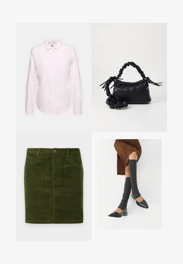 Camisa de manga longa rosa claro com colarinho abotoado, apresentando uma bainha reta e textura suave, feita de um tecido de algodão leve.; Saia de veludo côtelê verde escura com corte reto, apresentando um design de cinco bolsos e um fecho de botão metálico na cintura.; Sapatos pretos de pele lacada com biqueira pontuda, salto bloco e tiras no tornozelo, combinados com caneleiras cinzas em malha e uma saia de camurça castanha.; Bolsa de mão em couro sintético preto com textura de crocodilo, topo franzido e alça enrugada. Apresenta um design suave e compacto.