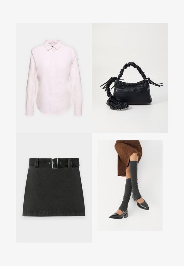 Light pink long-sleeve shirt with a button-down collar, featuring a straight hem and soft texture, made from lightweight cotton fabric.; Black denim mini skirt with a matching belt featuring metallic buckle and belt loops, displayed flat on a white background.; Black patent leather pointed-toe shoes with a block heel and ankle strap, paired with gray ribbed leg warmers and a brown suede skirt.; Black faux leather handbag with a crocodile texture, cinched top, and a scrunched strap. Appears soft and compact in design.