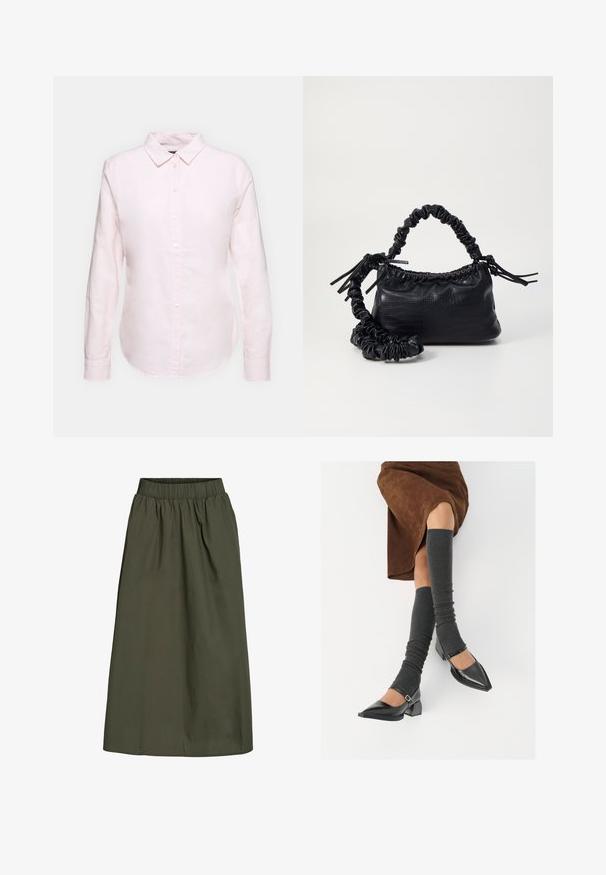 Svijetloružičasta košulja dugih rukava s izrezom za dugmad, s ravnim rubom i mekanom teksturom, izrađena od lagane pamučne tkanine.; Maslinasto zelena suknja do gležnjeva s naboranom elastičnom strukom i glatkom, blago naboranom teksturom tkanine.; Crne lakirane cipele s šiljastim prstima, blok-petom i remenom oko gležnja, uparene s sivim rebrastim čarapama do koljena i smešnom suknjom od antilopa.; Crna torba od umjetne kože s teksturom krokodila, s cinčanim vrhom i naboranom trakom. Izgleda mekano i kompaktno u dizajnu.