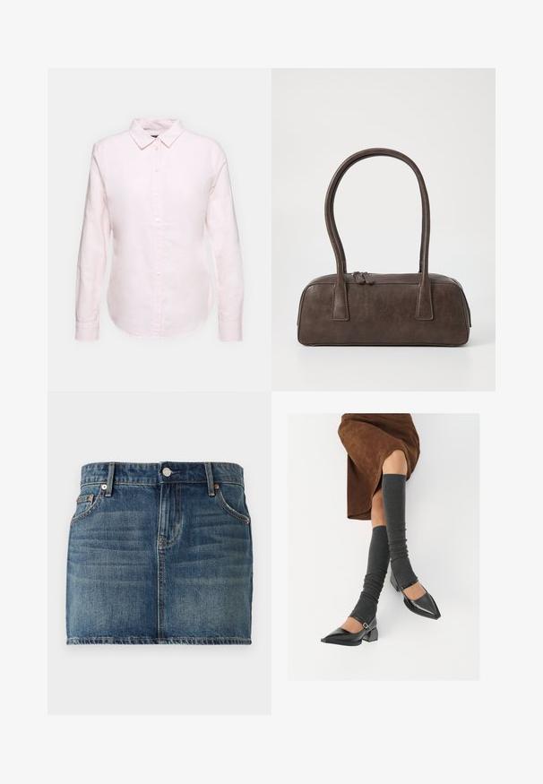 Svetlo roza srajca z dolgimi rokavi in gumbasto ovratnikom, ki ima ravno obrobo in mehak občutek, izdelana iz lahkotne bombažne tkanine.; Denimska mini krila v temno modri barvi s petimi žepi, zapiranjem na gumb in vidnimi šivi. Gladka tekstura s rahlim zbledelostjo.; Črne lakirane čevlje s pointy prsti in blok peto ter z naramnicami za gleženj, ki jih kombiniramo s sivimi rebrastimi nogavicami in rjavim suknjičem iz usnja.; Rjava usnjena torbica z dvema trdnima ročkama, pravokotne oblike, gladke teksture in zadrgo. Minimalističen dizajn brez vidnih vzorcev.