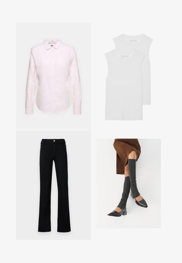 Šviesiai rožinė ilgom rankovėm marškiniai su užsegamu apykakle, turintys tiesią apatinę kraštinę ir minkštą tekstūrą, pagaminti iš lengvo medvilnės audinio.; Du du baltos be rankovių marškiniai, pagaminti iš minkštos medvilnės, su apvaliu kaklu ir be akivaizdžių raštų ar aksesuarų.; Juodos aukštu liemeniu tiesaus kirpimo džinsai su priekinėmis kišenėmis ir vario mygtuko uždarymu neutralioje fone.; Juodi lakuoti odiniai batai su aštriu kuma ir bloko kulnu, derinami su pilkais riebiais kojų šildytuvais ir rudais zomšiniais sijonais.