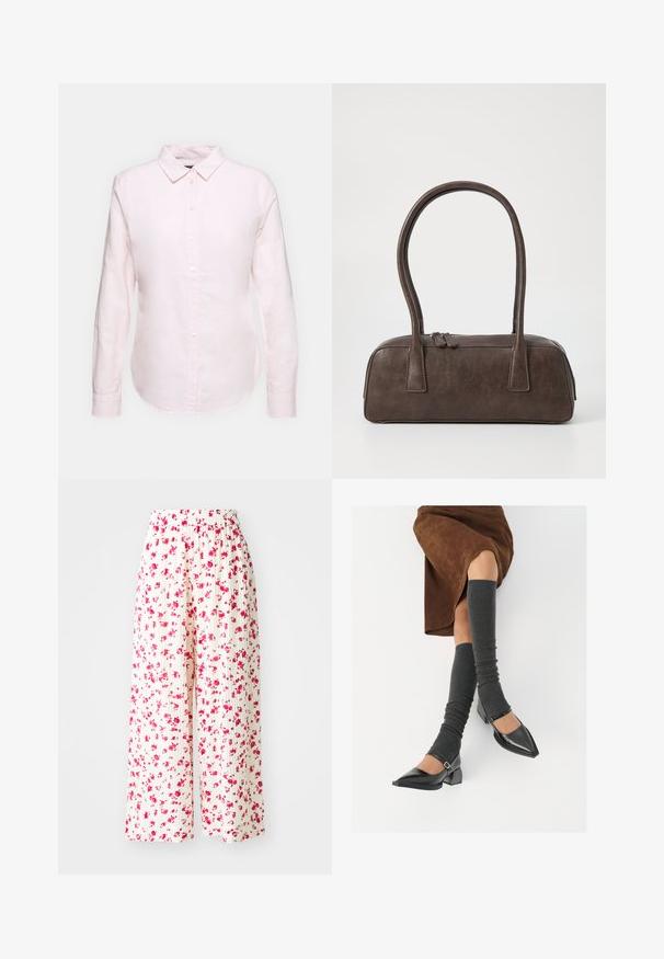 Lyserød langærmet skjorte med knapkrave, der har en lige nederkant og blød tekstur, lavet af letvægts bomuldsstof.; Plisserte vidde bukser i hvitt stoff, med et blomsterdesign med rosa og røde blomster. Elastisk linning for komfort.; Sorte lakkpumps med spiss tå, blokkhel, og ankelstropp, kombinert med grå ribbestrikkede beinvarmere og et brunt semsket skinn skjørt.; Brun lærveske med to robuste håndtak, rektangulær form, jevn tekstur og glidelås. Minimalistisk design uten synlige mønstre.