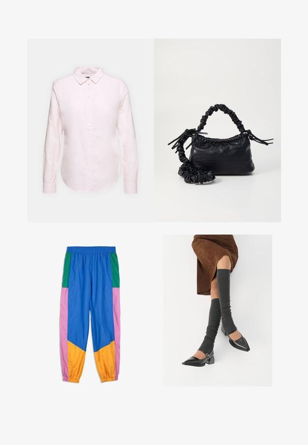 Lyserød langærmet skjorte med button-down krave, der har en lige kant og blød tekstur, lavet af letvægts bomuldsstof.; Farverige løbebukser med paneler i blå, grøn, pink og orange. Lavet af letvægtsstof med elastisk talje og manchetter.; Sorte patenterede lædersko med spids tå, blokhæl og ankelrem, kombineret med grå ribbede benvarmere og en brun ruskinds nederdel.; Sort kunstlæder håndtaske med krokodilteksur, indsnøret top og en sammenkrøben rem. Ser blød og kompakt ud i designet.