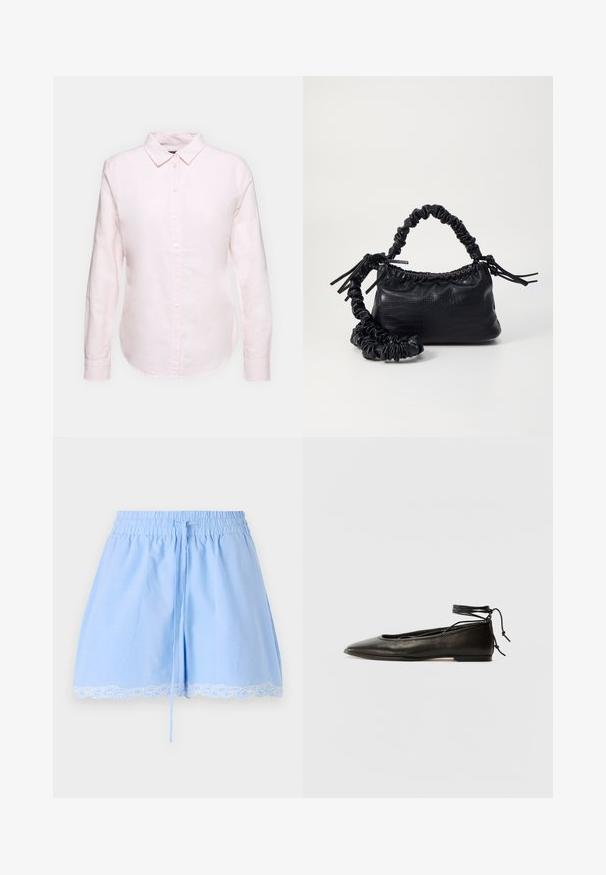 Light pink long-sleeve shirt with a button-down collar, featuring a straight hem and soft texture, made from lightweight cotton fabric.; Light blue cotton shorts featuring a smocked waistband, drawstring detail, and white lace trim at the hem. Soft texture and relaxed fit.; Black leather ballet flats with a pointed toe, ankle tie, and flat sole, featuring a smooth texture and minimalistic design.; Black faux leather handbag with a crocodile texture, cinched top, and a scrunched strap. Appears soft and compact in design.