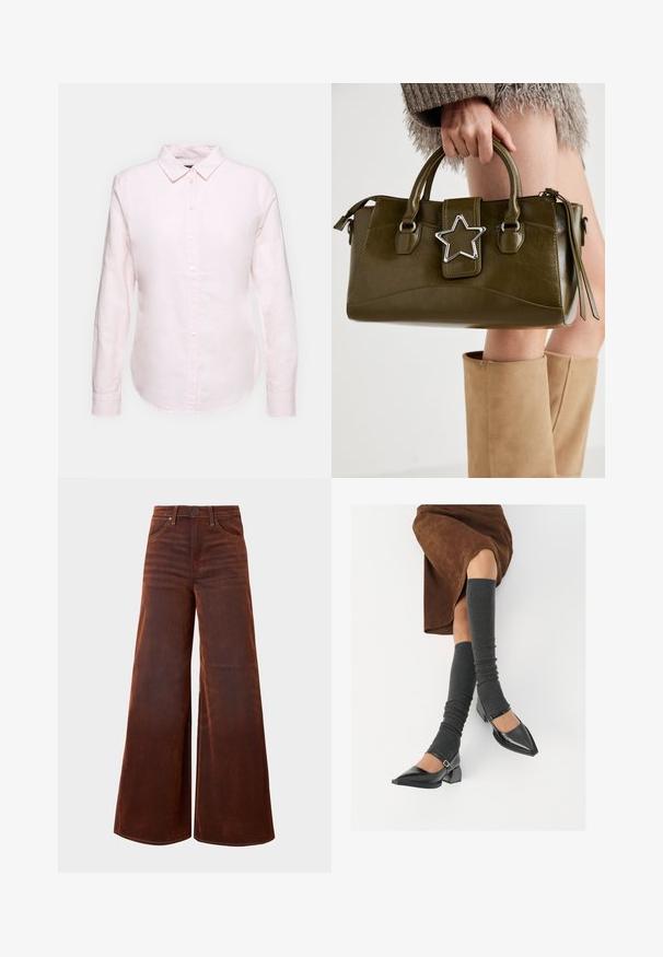 Šviesiai rožinė ilgom rankovėm marškiniai su užsegamu apykakle, turintys tiesią apatinę kraštinę ir minkštą tekstūrą, pagaminti iš lengvo medvilnės audinio.; Aukštos talijos, plačių kojų rudos džinsai su priekinėmis kišenėmis, diržo kilpomis ir mygtuko uždarymu, rodomi prieš paprastą foną.; Juodi lakuoti odiniai batai su aštriu kuma ir bloko kulnu, derinami su pilkais riebiais kojų šildytuvais ir rudais zomšiniais sijonais.; Alyvuogių žalios spalvos dirbtinės odos rankinė su sidabro žvaigždės akcentu, dviem rankenomis ir užtrauktuko uždarymu. Tekstūruotas paviršius ir struktūrizuota forma.