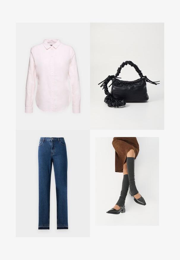 Světle růžová košile s dlouhým rukávem a límečkem na knoflíček, se rovnými okraji a měkkou strukturou, vyrobená z lehké bavlněné tkaniny.; Modré džíny z denimu s rovnými nohavicemi, pěti kapsami a zapínáním na knoflíky. Obsahují kontrastní stehy a mírné vyblednutí.; Černé lakované boty s špičatou špičkou, blokovým podpatkem a kotníkovým páskem, spárované s šedými žebrovanými návleky na nohy a hnědskou sukní z semiše.; Černá kabelka z umělé kůže s krokodýlím vzorem, staženým vrškem a zmačkaným popruhem. Zdá se, že má měkký a kompaktní design.