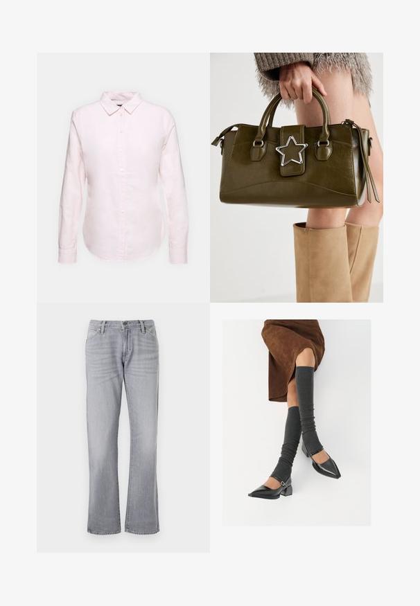 Camisa de manga longa rosa claro com colarinho abotoado, apresentando uma bainha reta e textura suave, feita de um tecido de algodão leve.; Wrangler RISE COWBOY - Calças de ganga de perna direita - haute haze; Sapatos pretos de pele lacada com biqueira pontuda, salto bloco e tiras no tornozelo, combinados com caneleiras cinzas em malha e uma saia de camurça castanha.; Bolsa de mão em pele sintética verde oliva com detalhe de estrela prateada, alças duplas e fecho com zip. Superfície texturizada e forma estruturada.