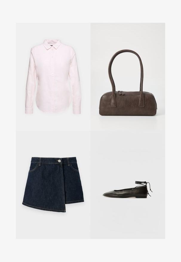 Svijetloružičasta košulja dugih rukava s izrezom za dugmad, s ravnim rubom i mekanom teksturom, izrađena od lagane pamučne tkanine.; Traper suknja tamnog pranja, A-linija, prednje dugme za zatvaranje i suptilni šavovi. Sadrži dizajn koji se omotava sa strane.; Crne kožne baletanke s oštrim prstom, vezanjem oko članaka i ravnim potplatom, s glatkom teksturom i minimalističkim dizajnom.; Smeđa kožna torba s dvije čvrste ručke, pravokutnog oblika, glatke teksture i zatvaranjem na zatvarač. Minimalistički dizajn bez vidljivih uzoraka.