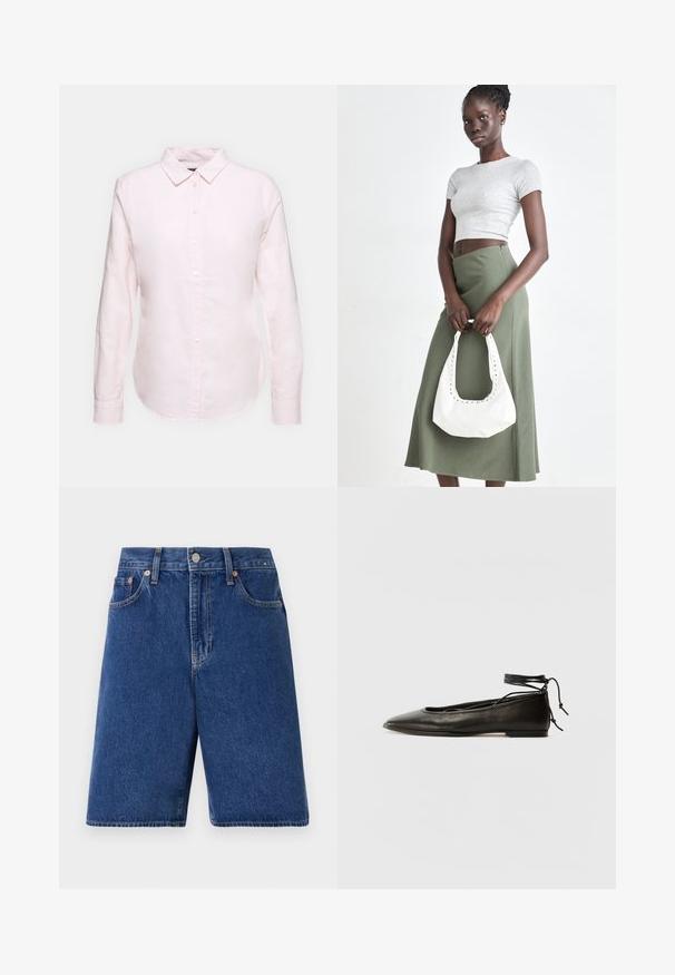 Lichtroze overhemd met lange mouwen en een button-down kraag, met een rechte zoom en een zachte textuur, gemaakt van lichtgewicht katoen.; Donkerblauwe denim shorts met een klassieke pasvorm, vijf-pocket ontwerp en oranje stiksel. Afgewerkt met een knoop en rits aan de voorkant.; Zwarte leren balletschoenen met een spitse neus, enkelbandje en platte zool, voorzien van een gladde textuur en minimalistisch ontwerp.; Grijs geribbelde crop top en olijfgroene hoge taille rok. Model houdt een witte schoudertas met uitsparingen vast. Eenvoudig ontwerp, aansluitende silhouet.