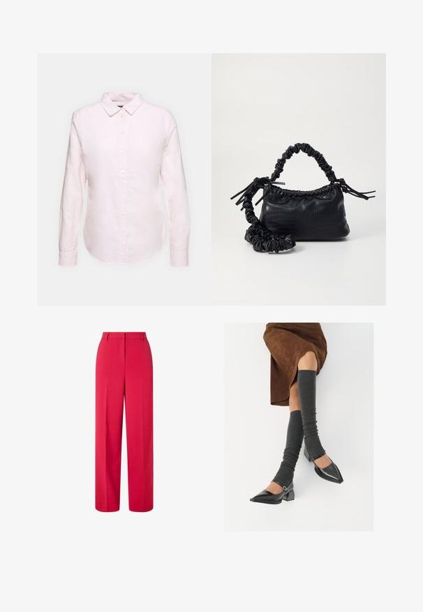 Lichtroze overhemd met lange mouwen en een button-down kraag, met een rechte zoom en een zachte textuur, gemaakt van lichtgewicht katoen.; Rode hoge taille wijde broek met riemlussen en een verborgen sluiting aan de voorkant op een witte achtergrond.; Zwarte gepatineerde leren pumps met een puntige neus, een blokhak en een enkelbandje, gecombineerd met grijze geribde beenwarmers en een bruine suède rok.; Zwarte nepleer handtas met een krokodillenstructuur, opgedroogde bovenkant en een gekreukte hengsel. Het lijkt zacht en compact van ontwerp.