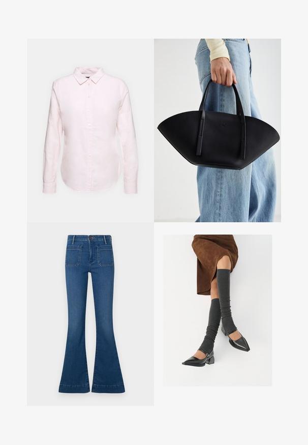 Gai rozā garām piedurknēm krekls ar pogājamu apkakli, ar taisnu apakšmalu un mīkstu tekstūru, izgatavots no viegla kokvilnas auduma.; Zils platās džinsi, izgatavoti no denima, ar vidēju jostas augstumu, divām aizmugurējām kabatām un izšūtu apdari. Gluda tekstūra ar nedaudz izbalējušu izskatu.; Melnas laka ādas apavi ar norādītu purngalu, blokveida papēdi un potīšu jostu, saskaņoti ar pelēkām ribotām kāju sildītājām un brūnu zamšādas svārku.; Melnas ādas rokassoma ar unikālu ventilatora formu, aprīkota ar plakaniem rokturiem. Virsma ir ar graudainu faktūru un minimālistisku dizainu.