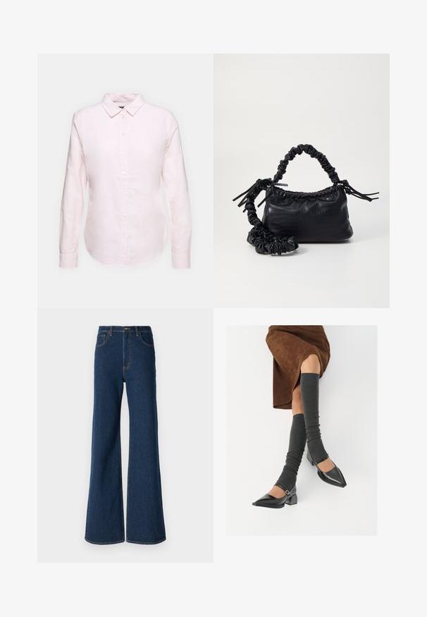 Hellrosa Langarmhemd mit Button-Down-Kragen, geradem Saum und weicher Textur, aus leichtem Baumwollstoff gefertigt.; Abercrombie & Fitch Jeans Relaxed Fit - rinse; Schwarze lacklederne spitze Schuhe mit Blockabsatz und Knöchelriemen, kombiniert mit grauen gerippten Beinstulpen und einem braunen Wildlederrock.; Schwarze Handtasche aus Kunstleder mit Krokodilstruktur, gerafftem oberen Teil und einem geschoppten Tragegurt. Sie wirkt weich und kompakt im Design.