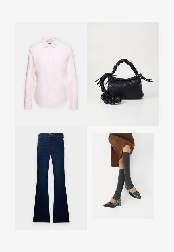 Svetlo roza srajca z dolgimi rokavi in gumbasto ovratnikom, ki ima ravno obrobo in mehak občutek, izdelana iz lahkotne bombažne tkanine.; Temno modri razširjeni jeans iz denima, z gumbom za zapiranje, dvema sprednjima žepoma in gladko teksturo.; Črne lakirane čevlje s pointy prsti in blok peto ter z naramnicami za gleženj, ki jih kombiniramo s sivimi rebrastimi nogavicami in rjavim suknjičem iz usnja.; Črna torbica iz umetnega usnja s krokodilovo teksturo, z zvitim vrhom in zmečkano naramico. Zdi se mehka in kompaktna v oblikovanju.