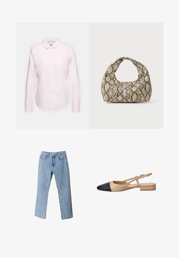 Camisa de manga larga de color rosa claro con cuello abotonado, que presenta un dobladillo recto y una textura suave, confeccionada con una tela de algodón ligera.; Vaqueros de mezclilla azul claro con un diseño de pierna recta, estilo de cinco bolsillos y una etiqueta en la cinturilla. Presentan áreas deslavadas para añadir textura.; Zapato slingback bicolor beige y negro con punta afilada, tacón plano y detalle de correa entrecruzada. Textura de cuero suave.; Bolso de mano con estampado de serpiente y asa curvada. Hecho de materiales texturizados en tonos beige y marrón, con un patrónen diamante distintivo.