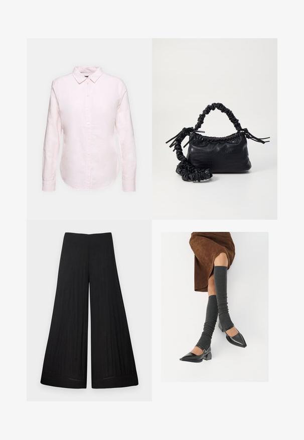 Jasnoróżowa, długosleeve koszula z kołnierzykiem na guziki, posiadająca prosty dół i miękką teksturę, wykonana z lekkiej bawełnianej tkaniny.; Czarne spodnie szerokie wykonane z lekkiego materiału. Posiadają płaski pas i zwiewny materiał, z minimalnymi detalami szycia.; Czarne lakierowane buty na szpilce z prostokątnym obcasem i paskiem na kostce, zestawione z szarymi prążkowanymi ocieplaczami na nogi oraz brązową zamszową spódnicą.; Czarna torebka z syntetycznej skóry o teksturze krokodyla, z zaciąganym górnym zamknięciem i marszczonym paskiem. Wygląda na miękką i zwartą w designie.