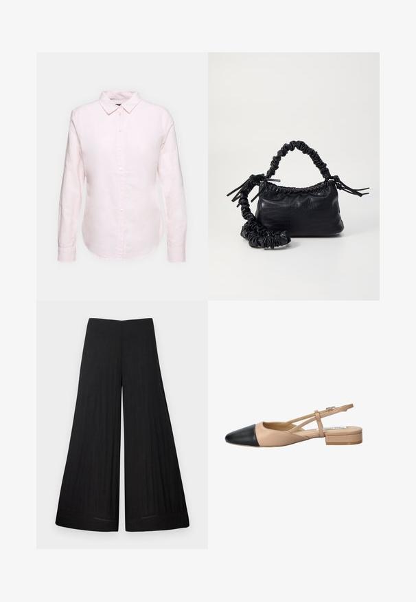 Svetloružová košeľa s dlhým rukávom a golierom na gombíky, s rovno strihaným lemom a jemnou textúrou, vyrobená z ľahkej bavlnenej látky.; Čierne široké nohavice vyrobené z ľahkého materiálu. Majú plochý pás a prúdiaci materiál, s minimálnymi švovými detailmi.; Bežovo-čierne dvojfarebné slingback topánky s špicatou špičkou, plochým podpätkom a prekríženými detailmi remienkov. Hladká kožená textúra.; Čierna umelá kožená kabelka s kroko vzorom, sťahovaným vrchom a zhnutým popruhom. Vyzerá mäkko a kompaktné v dizajne.