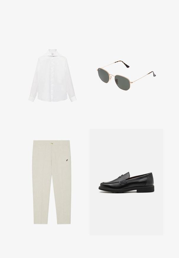 White long-sleeve button-up shirt with a pointed collar, featuring a smooth texture and seven buttons down the front.; Light beige tailored trousers with subtle texture, featuring a button closure and an embroidered dark emblem near the pocket.; Black synthetic loafers with a prominent stitched front, cushioned insole, and flat rubber outsole; sleek design with minimal detailing.; Gold metal-frame sunglasses with dark green lenses, aviator style, featuring slim arms and tortoiseshell accents on the tips.