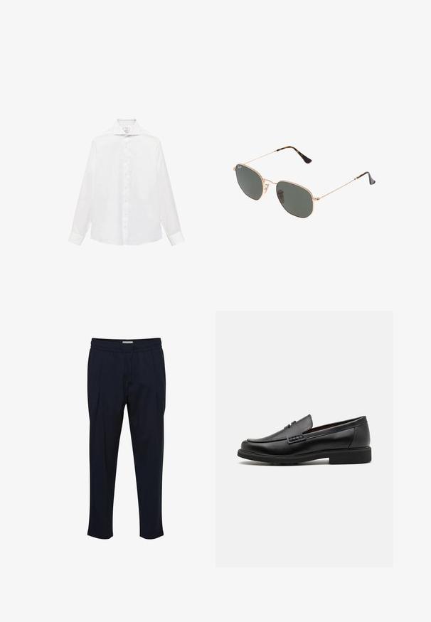 Biała, długorękawowa koszula zapinana na guziki z wyrazistym kołnierzykiem, o gładkiej fakturze i siedmioma guzikami z przodu.; Granatowe spodnie dopasowane z elastycznym paskiem, z plisami z przodu i zwężającą się nogawką. Wykonane z gładkiego, lekkiego materiału.; Czarne syntetyczne mokasyny z wyraźnym przeszyciem z przodu, wyściełaną wkładką i płaską gumową podeszwą; smukły design z minimalnymi detalami.; Złote okulary przeciwsłoneczne w stylu aviatora z ciemnozielonymi soczewkami, z wąskimi ramionami i akcentami w panterkę na końcach.