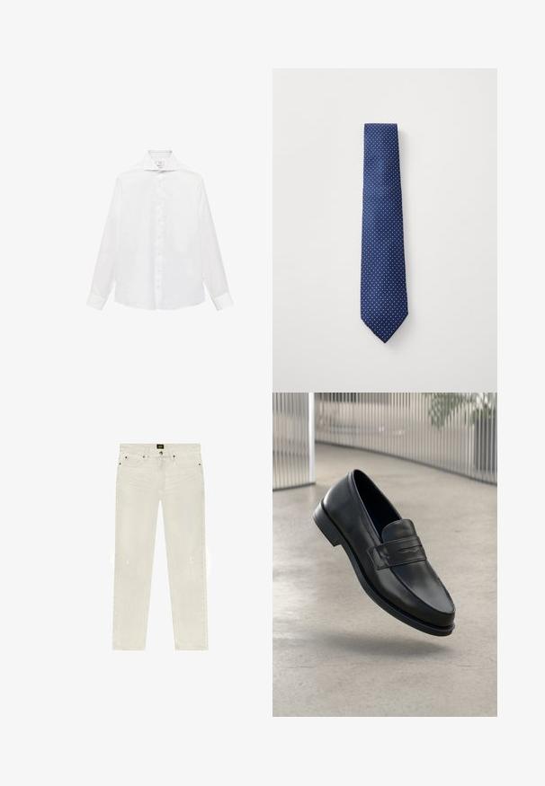 Vit långärmad skjorta med knappar och spetsig krage, med en slät yta och sju knappar fram.; Vita denimjeans med rak passform, featuring en klassisk femficksdesign, distinkta blekta områden och minimala slitagedetaljer.; Svart lädersko med slät struktur, spetsig tå och en dekorativ rem över fotryggen. Lätt sula, minimalistisk design.; Mörkblå slips med ett litet vit prickmönster, tillverkad av slät tyg, med spetsig ände och design med standardbredd.