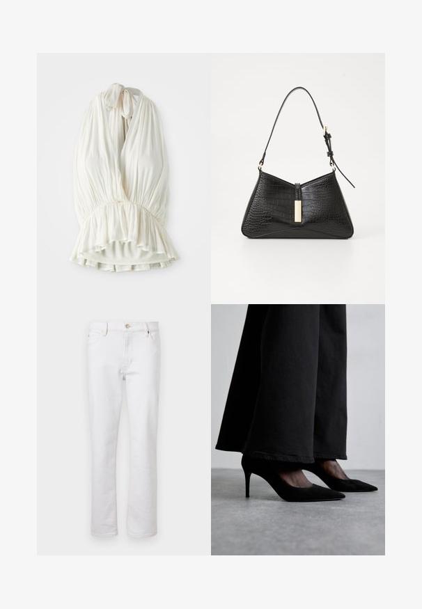 Top halter de marfil claro hecho de una tela suave, con un diseño plisado y una cintura fruncida para un dobladillo acampanado. Se ata en el cuello.; Jeans de mezclilla blanca con corte recto, diseño de cinco bolsillos, costuras ligeras y cierre de botón plateado. Textura suave y detalles mínimos.; Zapatos de tacón alto de ante negro con puntera puntiaguda, combinados con pantalones anchos negros, presentan un diseño elegante y un brillo sutil.; Bolso negro en material imitación cocodrilo, con forma triangular, correa de hombro delgada y un acento de hardware en tono dorado en el centro.; Pulsera de brazalete de tono dorado con una superficie lisa y ondulada, que presenta un interior texturizado y un diseño abierto, creando una forma orgánica.