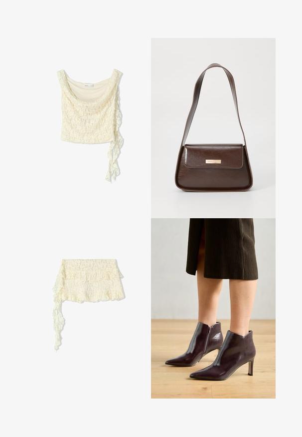 Blonde blonde top i off-white, med en blød drapering, scoop-udskæring og en sidebinding for justerbar pasform. Delikat blomster mønster gennem hele.; Blonde omslag med bølgede kanter; præget af detaljerede blomstermønstre; flyder blidt med en lang, svævende ende.; Mørkerøde læder ankelsko med spids tå og slank hæl. Har en lynlås i siden og en glat, blank overflade.; Brun læder skuldertaske med en struktureret form, der har en magnetisk klaplukning og en metallisk logoaccents på forsiden.