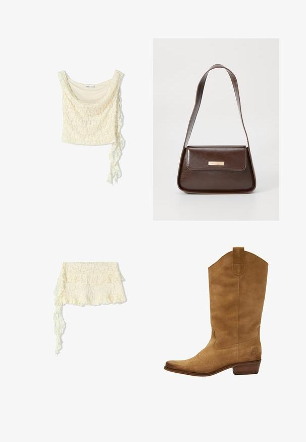 Koronkowa bluzka crop w kolorze off-white, charakująca się delikatnym luźnym krojem, okrągłym dekoltem oraz możliwością regulacji dzięki bocznemu wiązaniu. Całość zdobi subtelny kwiatowy wzór.; Koronkowa narzutka w kolorze kości słoniowej z falbanami; charakteryzuje się skomplikowanymi wzorami kwiatowymi; delikatnie opada, z długim, zwisającym końcem.; Czarne zamszowe kowbojki z wysoką cholewką, spiczastym czubkiem i subtelnym białym przeszyciem. Mają wzorzysty akcent w pobliżu obcasa i warstwowany drewniany obcas.; Brązowa skórzana torba na ramię o wyraźnej formie, z magneticznym zapięciem w klapie i metalowym logo na przodzie.