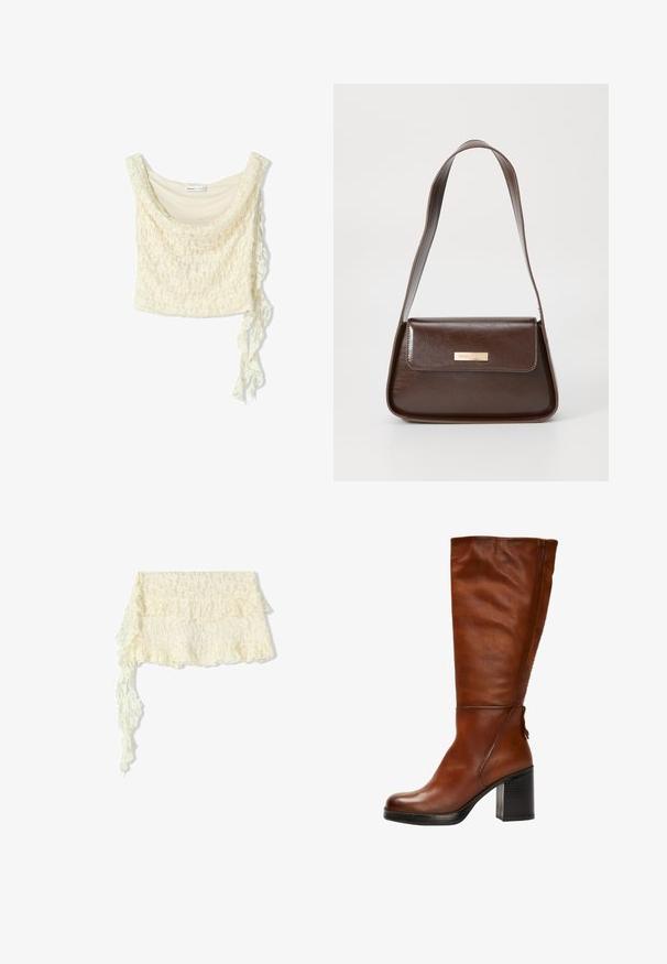 Lace crop top in off-white, featuring a soft drape, scoop neckline, and a side tie detail for adjustable fit. Delicate floral pattern throughout.; Lace wrap in ivory with ruffled edges; features intricate floral patterns; flows gently with a long, trailing end.; Brown leather knee-high boot with a rounded toe, chunky black heel, and subtle seam detailing along the front and back.; Brown leather shoulder bag with a structured shape, featuring a magnetic flap closure and a metallic logo accent on the front.