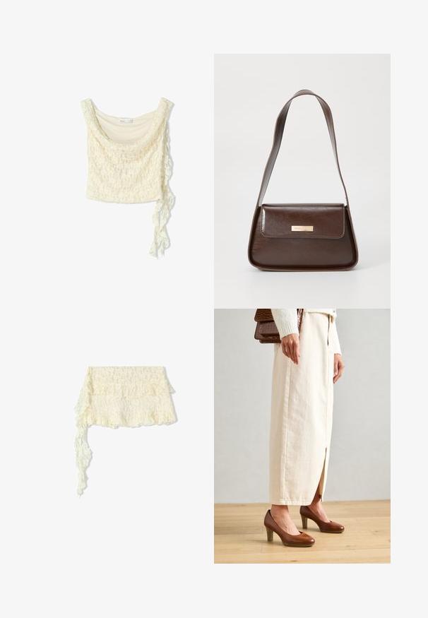 Blonde blonde top i off-white, med en blød drapering, scoop-udskæring og en sidebinding for justerbar pasform. Delikat blomster mønster gennem hele.; Blonde omslag med bølgede kanter; præget af detaljerede blomstermønstre; flyder blidt med en lang, svævende ende.; Brune hæle sko med rund tå, parret med en cremefarvet lang nederdel med en frontslids, og en struktureret brun håndtaske.; Brun læder skuldertaske med en struktureret form, der har en magnetisk klaplukning og en metallisk logoaccents på forsiden.