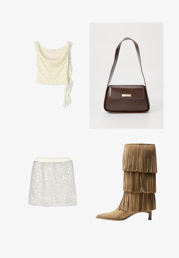 Top scurt din dantelă în alb murdar, cu o cădere moale, decolteu rotund și un detaliu cu fundiță pe lateral pentru o ajustare confortabilă. Model floral delicat pe toată suprafața.; Fustă albă cu un overlay din dantelă florală argintie texturată, având un brâu elastic și o formă evazată, care evidențiază detaliile complexe ale designului.; Botine cu fringuri până la gleznă, din suede crem, cu trei straturi de fringuri. Vârf ascuțit și toc mic. Textură netedă pe întreaga suprafață.; Geanta de umăr din piele maro, cu o formă structurată, care dispune de un închizător cu clapetă magnetică și un accent metalic cu logo pe față.