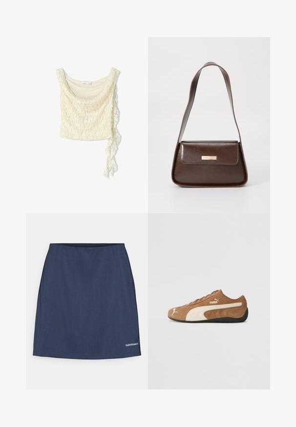 Čipkasti kratki top u boji off-white, s mekim draperijom, izrezom u obliku kruške i detaljem s vezanjem sa strane za prilagodljivu veličinu. Delikatni cvjetni uzorak po cijeloj površini.; Mornarsko plava sportska suknja izrađena od glatkog, laganog materijala. Sadrži elastičnu struk i bijeli logo na donjoj desnoj strani.; Smeđi zamjubljeni niskopodni tenisice s kremastim akcentima, teksturiranom površinom, crnim gumeni potplat, i izvezenim logom na strani i jeziku.; Smeđa kožna torba za rame sa strukturiranim oblikom, koja ima magnetsko zatvaranje na preklopu i metalni logo akcent na prednjoj strani.
