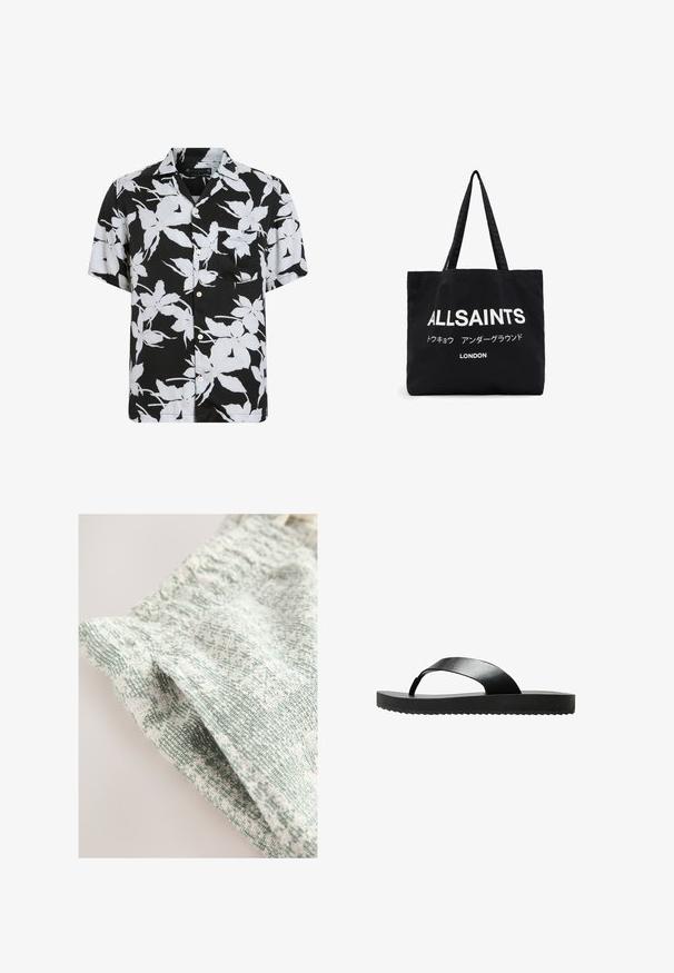 Korte mouwen overhemden in zwarte stof met een groot wit bloemenpatroon. Bevat een borstzak en heeft een ontspannen pasvorm.; Witte katoenen t-shirt met korte mouwen en een ronde halslijn. Heeft een bedrukte grafiek met rode en zwarte tekst op het linker borstgebied.; Geweven stof met een gestructureerd ontwerp in lichtgroene en witte tinten. Heeft een zachte, lichte smaak en een subtiel patroon.; Zwarte flip-flop sandaal met een platte zool, gemaakt van een soepel materiaal. Heeft een minimalistisch ontwerp met een enkele band en een textuur aan de onderzijde.; Zwarte canvas tote bag met vet witte tekst "ALLSAINTS" en kleinere tekst in het Japans en "LONDEN" onderaan. Twee lange handvatten.
