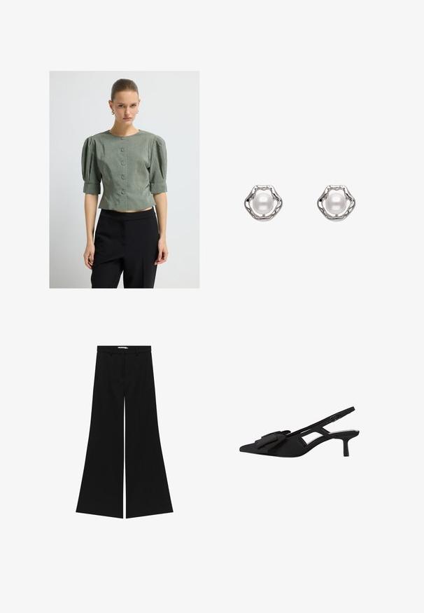 Femme portant une blouse olive à boutons avec des manches bouffantes et un pantalon noir, se tenant devant un fond blanc uni.; Pantalons larges noirs avec une taille ajustée, poches avant en biais et une texture lisse. Présente un design épuré et minimaliste.; Escarpins noirs à talon slingback avec un bout pointu, en matériau textile, détail de nœud plat à l'avant et un talon moyen élancé. Sides ouverts et sangle réglable.; Boucles d'oreilles argentées avec un design texturé, ornées d'une perle blanche ronde au centre, encadrées d'une monture ondulée en ajouré.