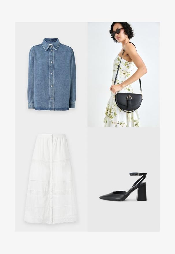 Leren overhemd in lichtblauw met lange mouwen, knoopsluiting aan de voorkant, puntige kraag en een ontspannen pasvorm. Zachte textuur met minimale stikseldetails.; Witte knielange rok van lichtgewicht stof, met kantafwerking en geborduurde patronen aan de onderkant en in het middelste gedeelte.; Zwarte leren puntige pump met een enkelbandje en een chunky hak. Vlakke textuur, strakke vormgeving en minimalistische esthetiek.; Zwarte leren handtas met een gebogen vorm, afneembare schouderband en gouden hardware. De tas heeft een klep met een gespsluiting.