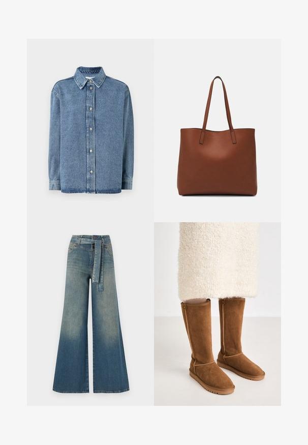 Denim shirt in light blue with long sleeves, button front closure, pointed collar, and a relaxed fit. Soft texture with minimal stitching detail.; Wide-leg denim trousers featuring a light to dark blue gradient, high waist, belt loops, and a matching fabric belt. Textured denim finish.; Knee-high brown suede boots with a smooth texture, featuring side stitching and a rubber sole for traction.; Brown leather tote bag with a smooth texture, open top design, and two shoulder straps. Features minimal stitching and no visible hardware.