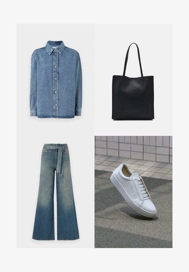 Heledadest särgis helesinis, pika varrukaga, nööpidega ees, terava kraega ja lõdva istuvusega. Pehme tekstuur koos minimaalse õmblusdetailiga.; Laiad denimpüksid, millel on hele tume sinine gradiendiefekt, kõrge vöökoht, vöökumlid ja sobivast kangast vöö. Struktureeritud denimi viimistlus.; Valge nahkne tennisepaar ümmarguse varbaga, madala tallaga ja kuue paari nööpidega. Sile tekstuur ja minimaliseeritud disain koos õmblusdetailidega.; Mustast nahast kott sujuva tekstuuriga, ristkülikukujuline ja kahe pika sangaga. Pole nähtavat riistvara ega kaunistusi.