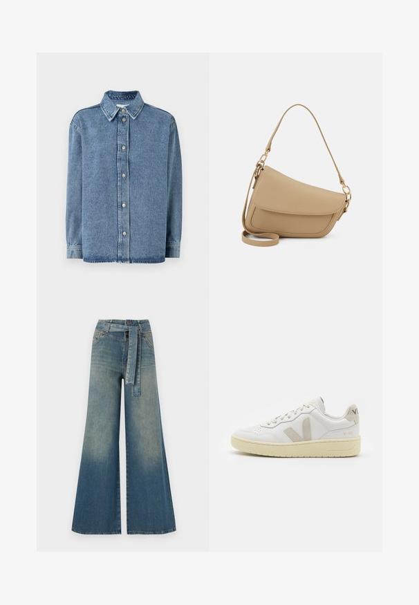 Jasnoniebieska koszula dżinsowa z długimi rękawami, zapinana na guziki, z wywiniętym kołnierzykiem i luźnym krojem. Miękka faktura z minimalnymi detalami przeszycia.; Szerokie spodnie dżinsowe z gradientem od jasnoniebieskiego do ciemnoniebieskiego, wysokim stanem, szlufkami na pasek oraz pasującym paskiem z tkaniny. Teksturowany wykończenie dżinsu.; Białe skórzane trampki z beżowymi zamszowymi akcentami, perforowanym noskiem, płaskimi sznurowadłami i teksturowaną kremową podeszwą. Posiadają subtelne logo na pięcie.; Even&Odd - Torebka